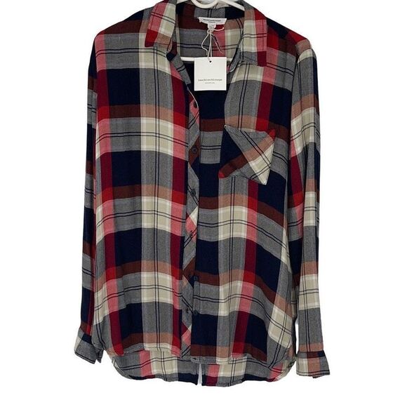 BeachLunchLounge  Women’s Plaid Rayon Shirt NWT Red Blue White Button Up Long Sl - Picture 1 of 8
